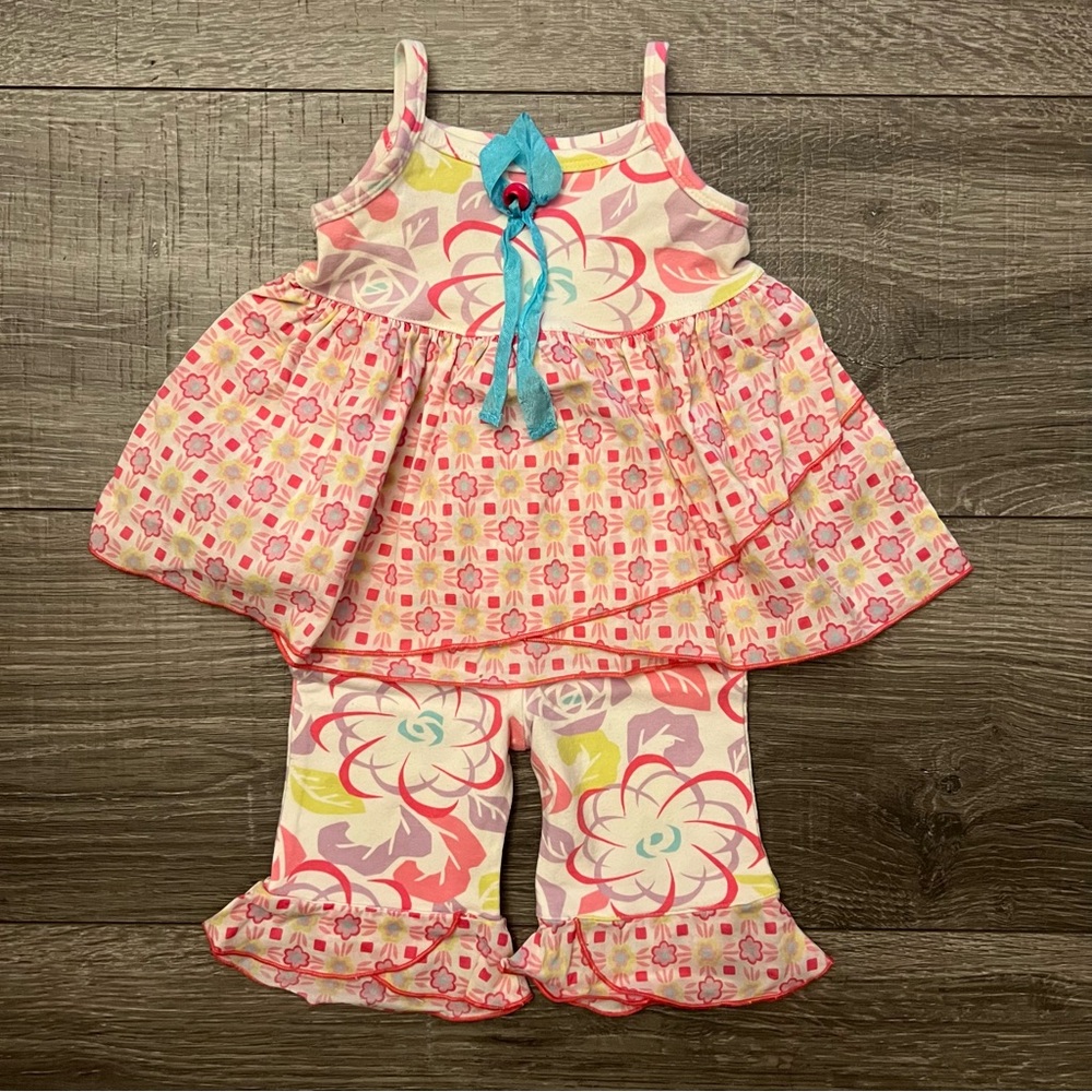 Baby Girl Cami Top Pant size 12M Pink Floral Geo Print Cotton Ruffle Baby Lulu